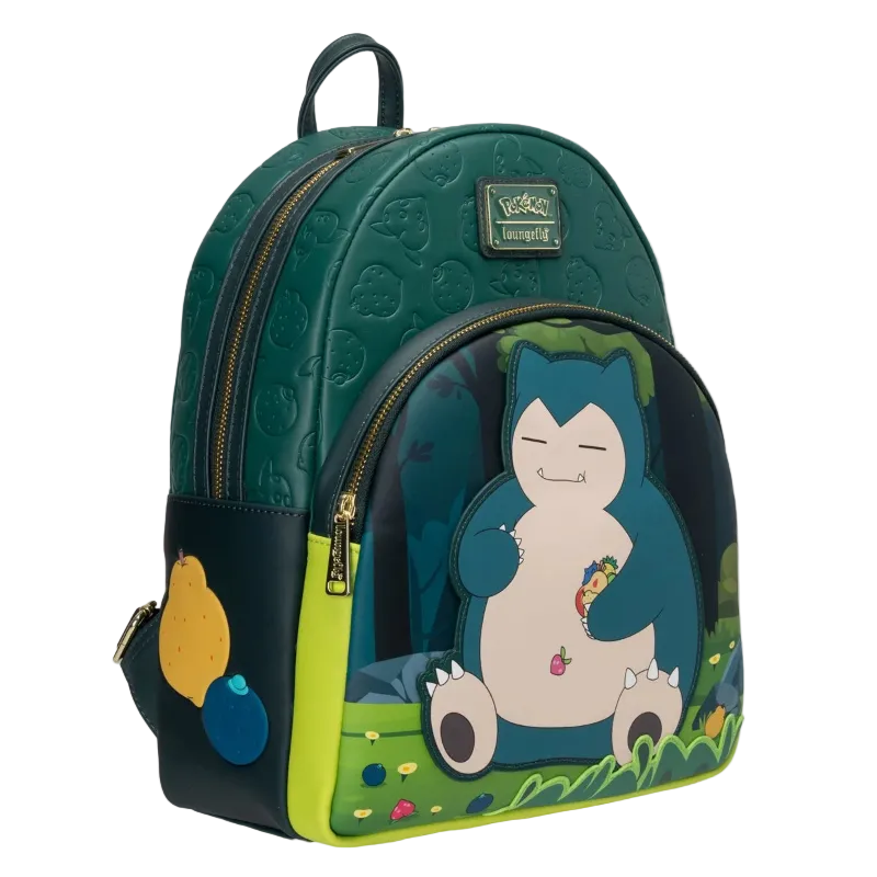A Loungefly x Pokemon Snorlax backpack featuring a large 3D Snorlax graphic on the front pocket, a dark green embossed body, a dark navy blue lower section, and lime green accents.