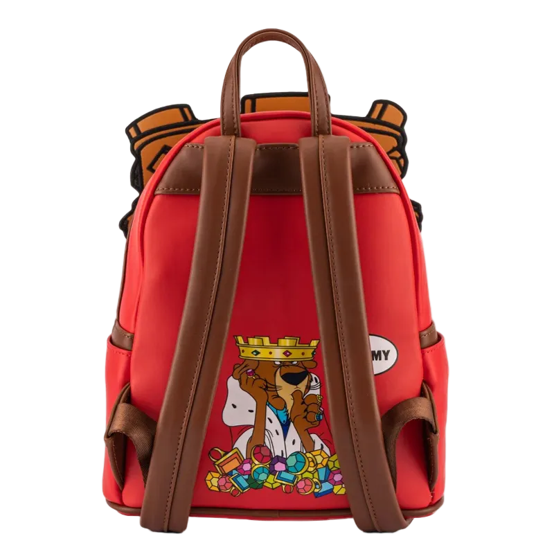 Red backpack with cartoon character design on a white background