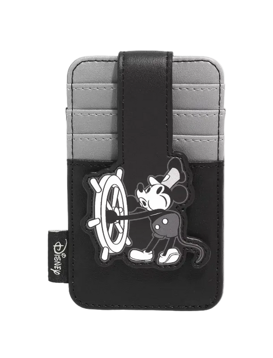 A black and gray card holder wallet featuring a Mickey Mouse patch steering a ship's wheel, shown on a light gray background.