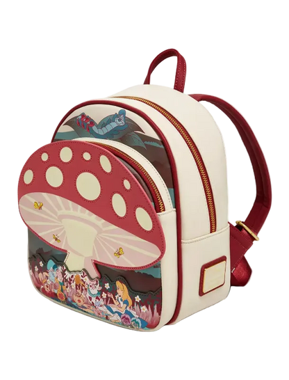 Backpack with mushroom design and fairy tale scene on a white background