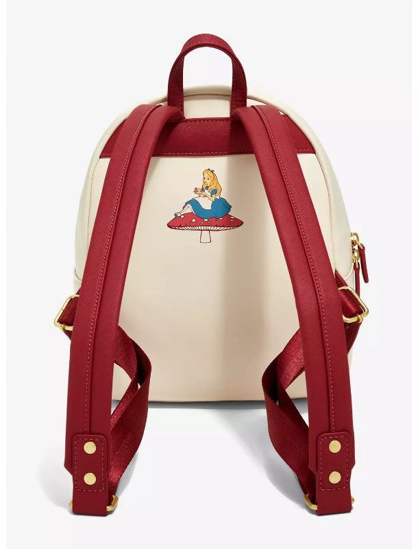 Backpack with red straps and a design of a character on a white background