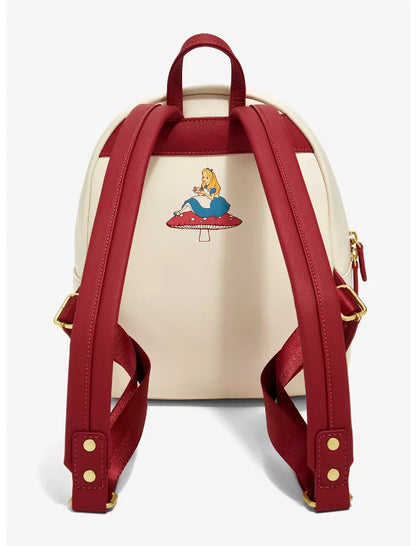 Backpack with red straps and a design of a character on a white background