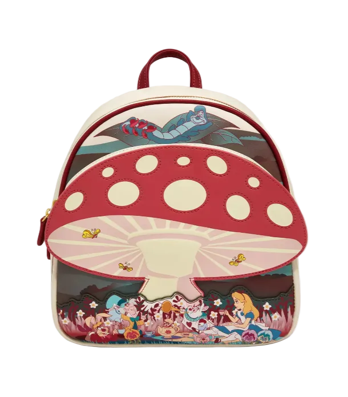 Backpack with mushroom design and characters on a white background