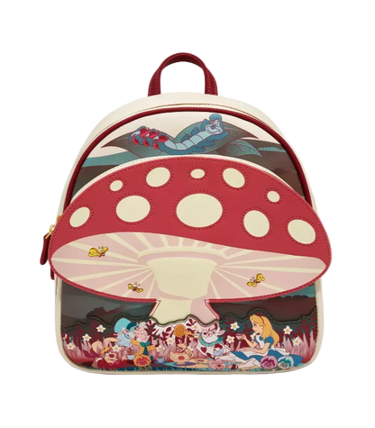 Backpack with mushroom design and characters on a white background