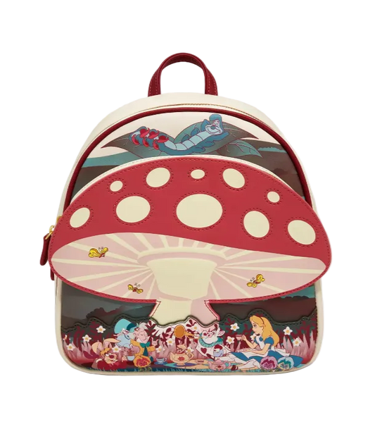 Backpack with mushroom design and characters on a white background