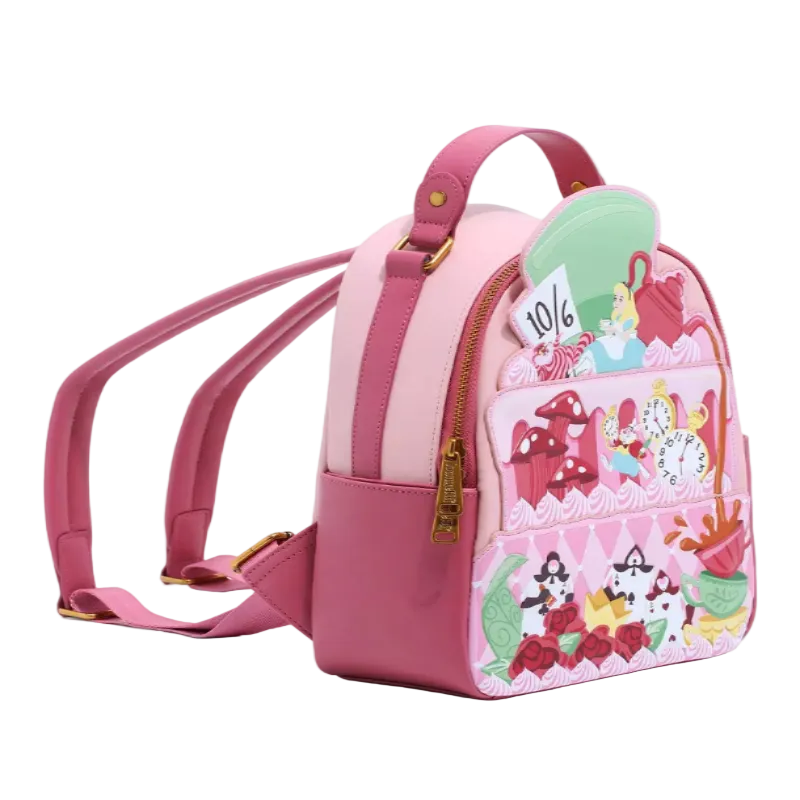 Pink backpack with cartoon design on a white background