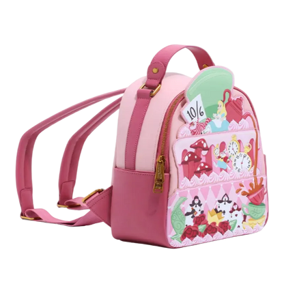 Pink backpack with cartoon design on a white background