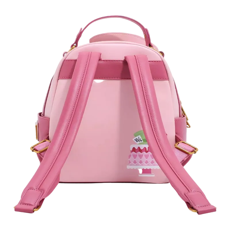 Pink backpack with a visible brand logo on a white background