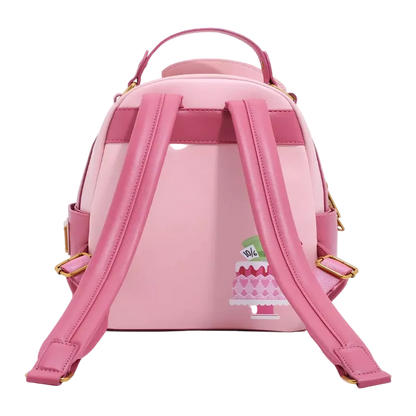 Pink backpack with a visible brand logo on a white background