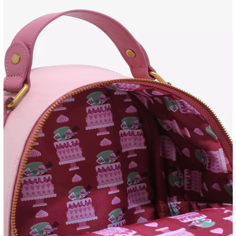 Pink and red patterned bag with handle and zipper