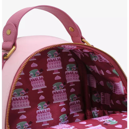 Pink and red patterned bag with handle and zipper