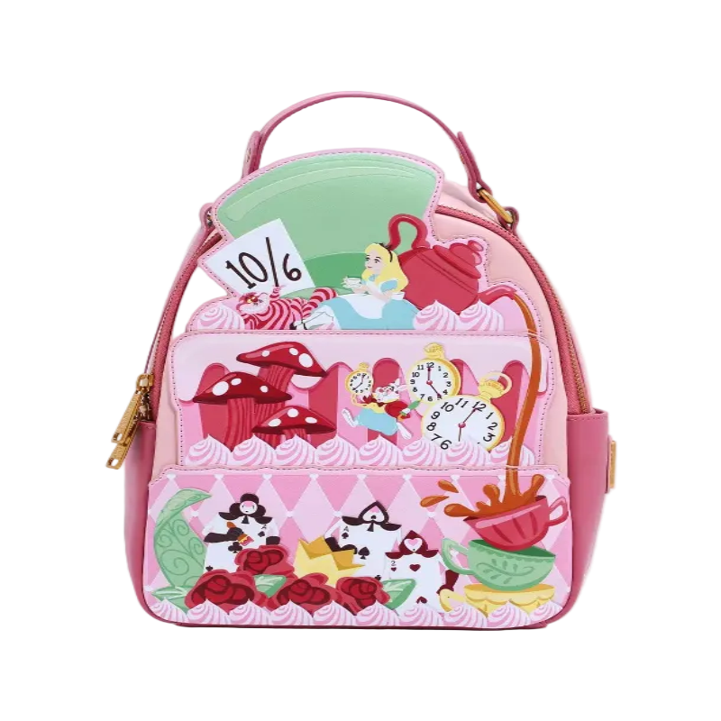 Pink backpack with Alice in Wonderland design on a white background