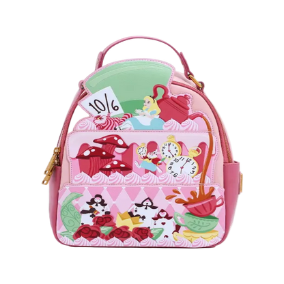 Pink backpack with Alice in Wonderland design on a white background