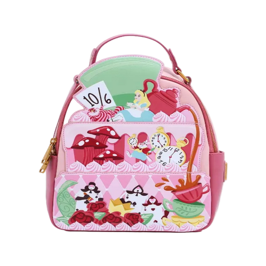 Pink backpack with Alice in Wonderland design on a white background