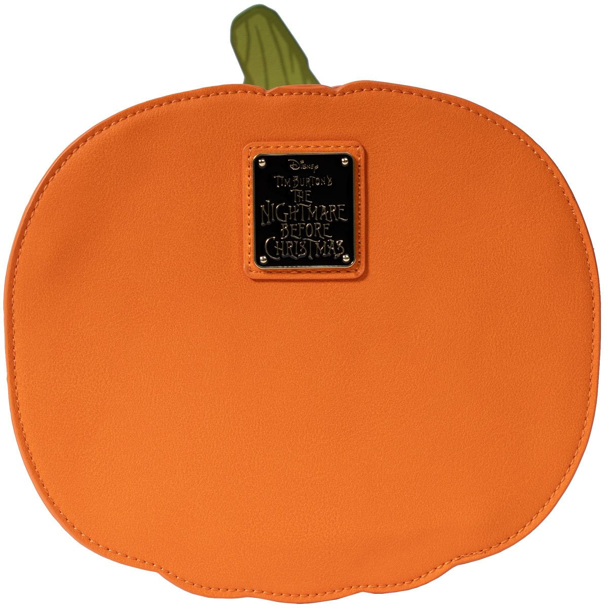 Pumpkin-shaped orange pouch with a label on a white background