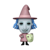 Funko Pop! vinyl figure of the character The Wicked Witch of the Hour from The Nightmare Before Christmas, featuring a pale blue mask, blue hair, a pink hat and dress, and holding a light green mask.