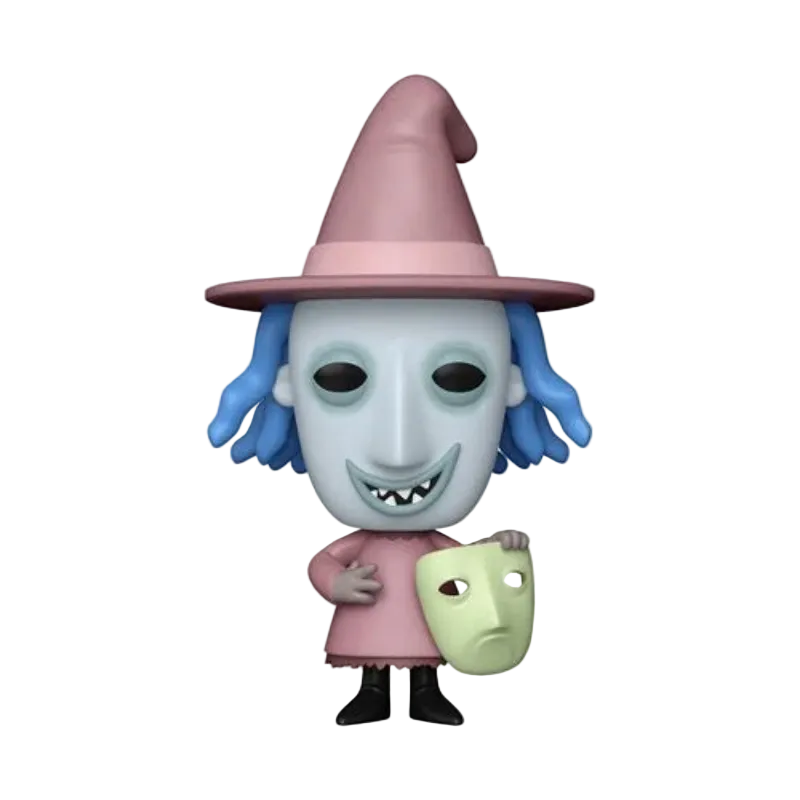 Funko Pop! vinyl figure of the character The Wicked Witch of the Hour from The Nightmare Before Christmas, featuring a pale blue mask, blue hair, a pink hat and dress, and holding a light green mask.