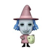 Funko Pop! vinyl figure of the character The Wicked Witch of the Hour from The Nightmare Before Christmas, featuring a pale blue mask, blue hair, a pink hat and dress, and holding a light green mask.