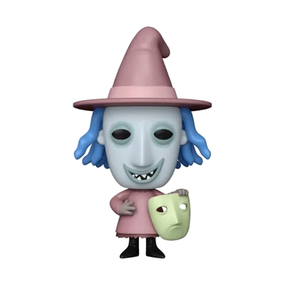 Funko Pop! vinyl figure of the character The Wicked Witch of the Hour from The Nightmare Before Christmas, featuring a pale blue mask, blue hair, a pink hat and dress, and holding a light green mask.