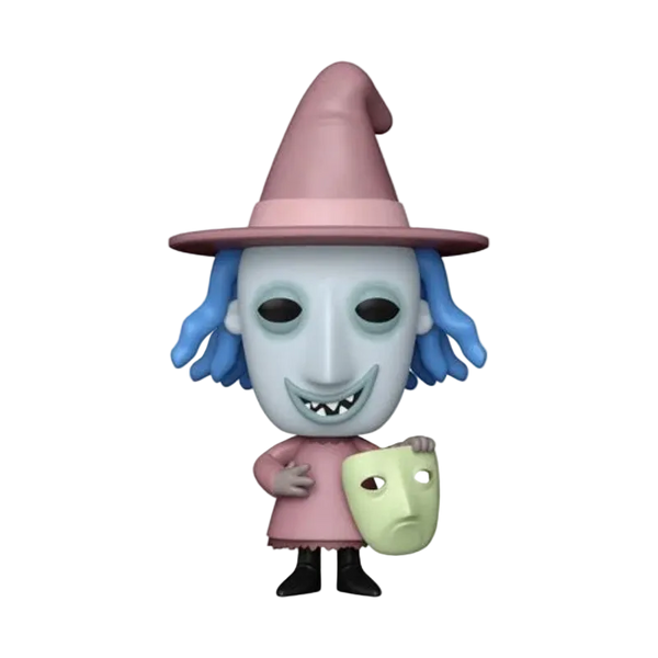 Funko Pop! vinyl figure of the character The Wicked Witch of the Hour from The Nightmare Before Christmas, featuring a pale blue mask, blue hair, a pink hat and dress, and holding a light green mask.