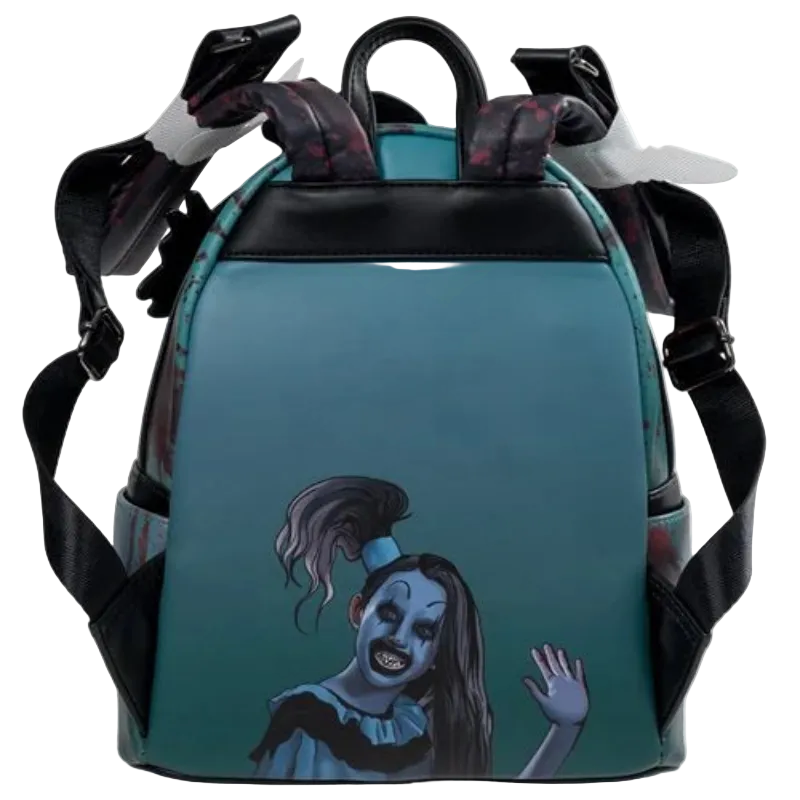 Backpack with a character design on a teal background