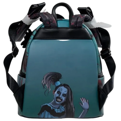 Backpack with a character design on a teal background