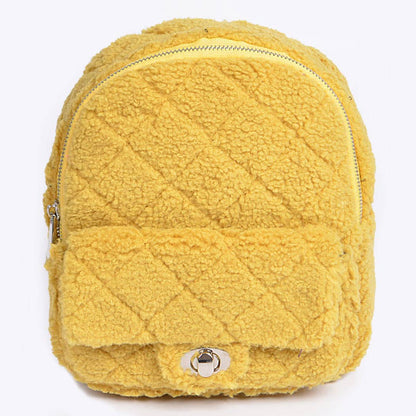 Fluffy Flap Zipper Backpack: Mustard