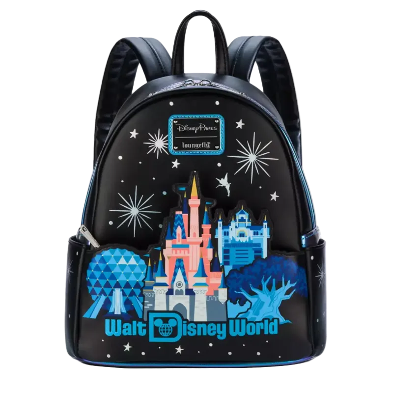 Backpack with Disney World castle design on a black background