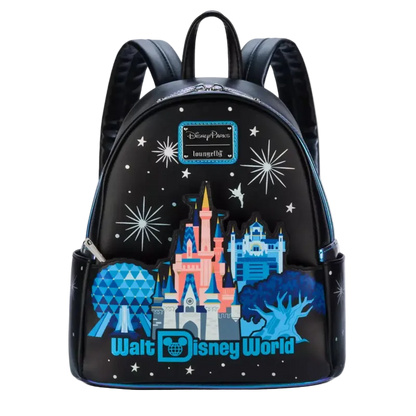 Backpack with Disney World castle design on a black background