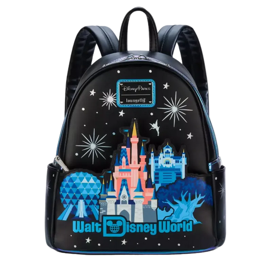 Backpack with Disney World castle design on a black background