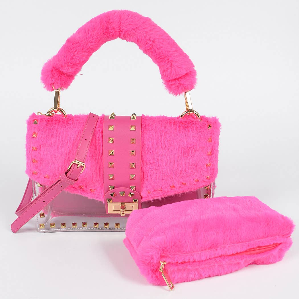 HPC3207 FAUX FUR CLEAR CLUTCH W/ DETACHABLE PURSE: Mustard