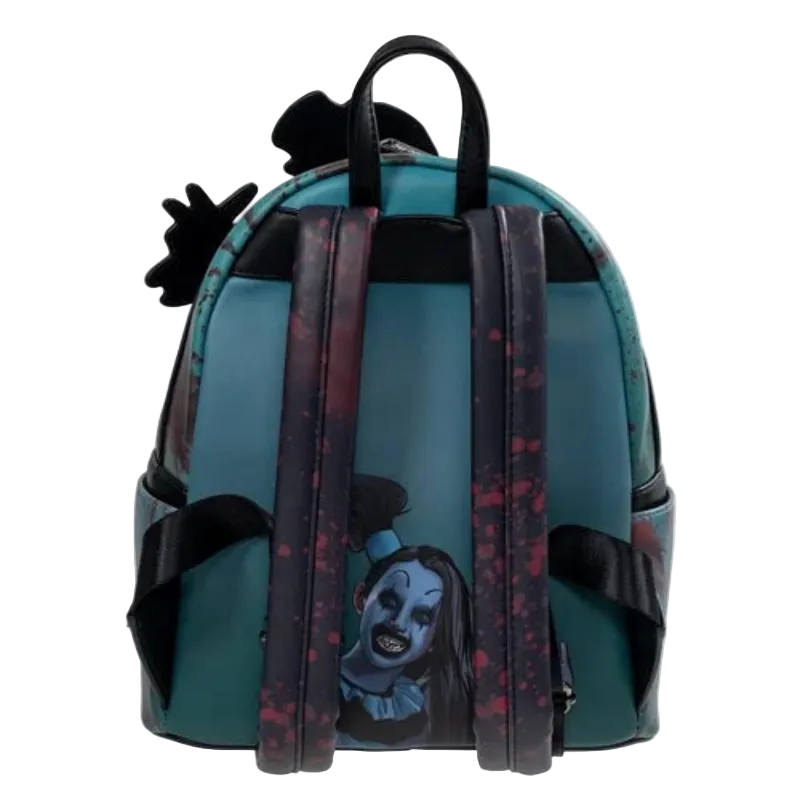 Backpack with character design on straps against a white background