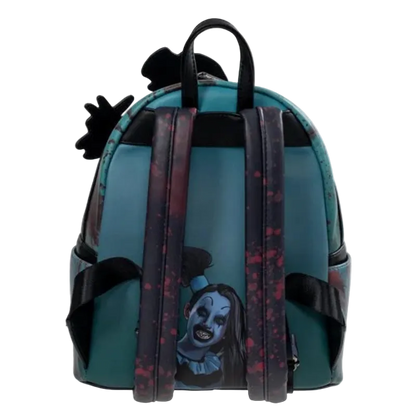 Backpack with character design on straps against a white background