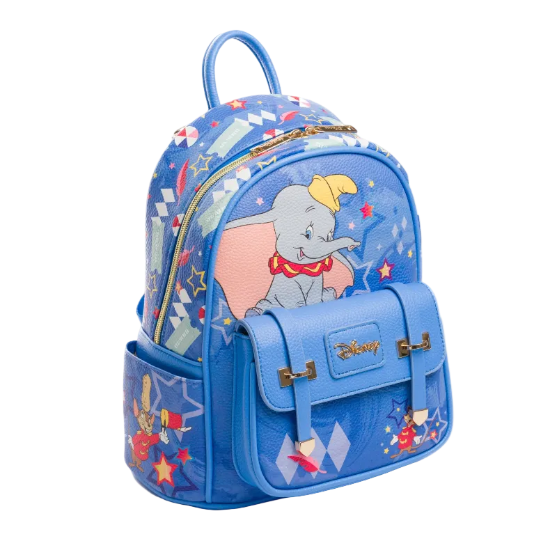 Blue backpack with Dumbo the Elephant design on a white background
