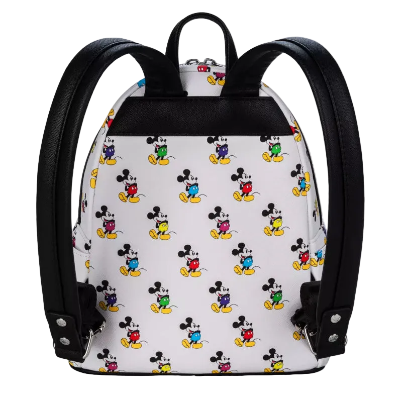 Backpack with colorful Mickey Mouse pattern on a white background