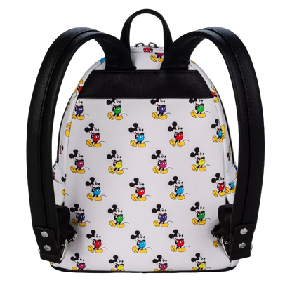 Backpack with colorful Mickey Mouse pattern on a white background