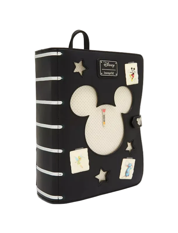 Black backpack with Mickey Mouse design and Disney logo on a white background