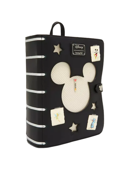Black backpack with Mickey Mouse design and Disney logo on a white background