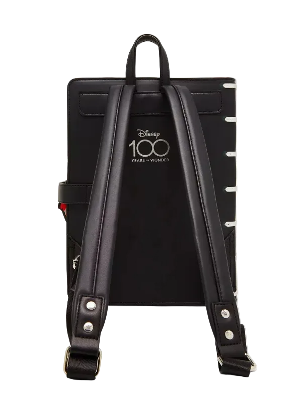 Black backpack with Disney 100 years of wonder branding on a white background