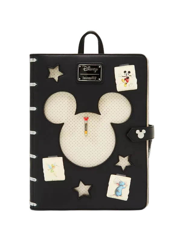 Black notebook with Mickey Mouse design and decorative elements on a white background
