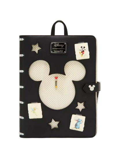 Black notebook with Mickey Mouse design and decorative elements on a white background