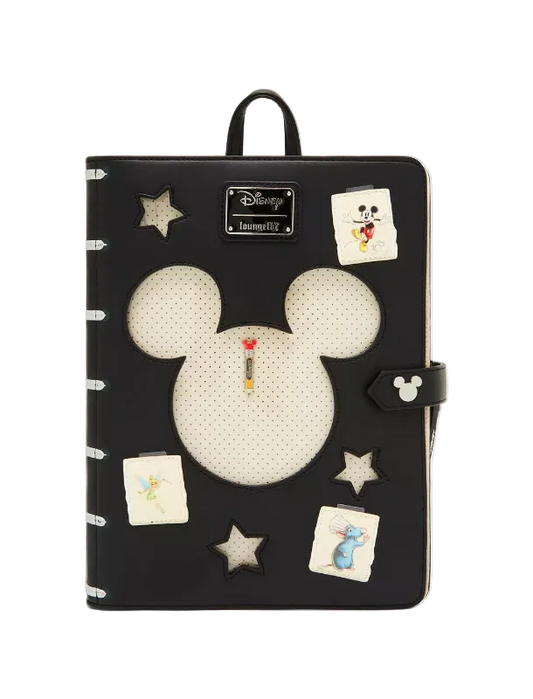 Black notebook with Mickey Mouse design and decorative elements on a white background