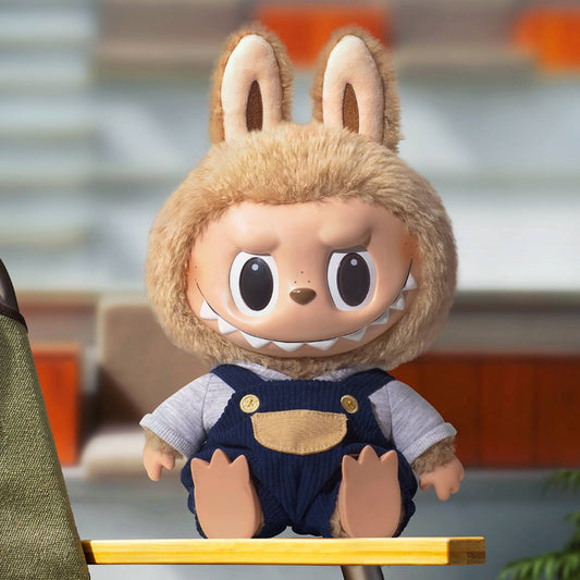 Toy figure with animal-like features wearing a blue outfit on a blurred background