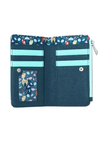 A dark teal bi-fold wallet with a colorful floral patterned interior lining, light aqua blue card slots, and a matching light aqua zipper pull, shown open on a white background.