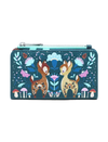A rectangular zip-around wallet featuring a whimsical forest illustration with two deer, flowers, mushrooms, and a turquoise zipper, shown on a plain light gray background.