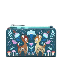 A rectangular zip-around wallet featuring a whimsical forest illustration with two deer, flowers, mushrooms, and a turquoise zipper, shown on a plain light gray background.