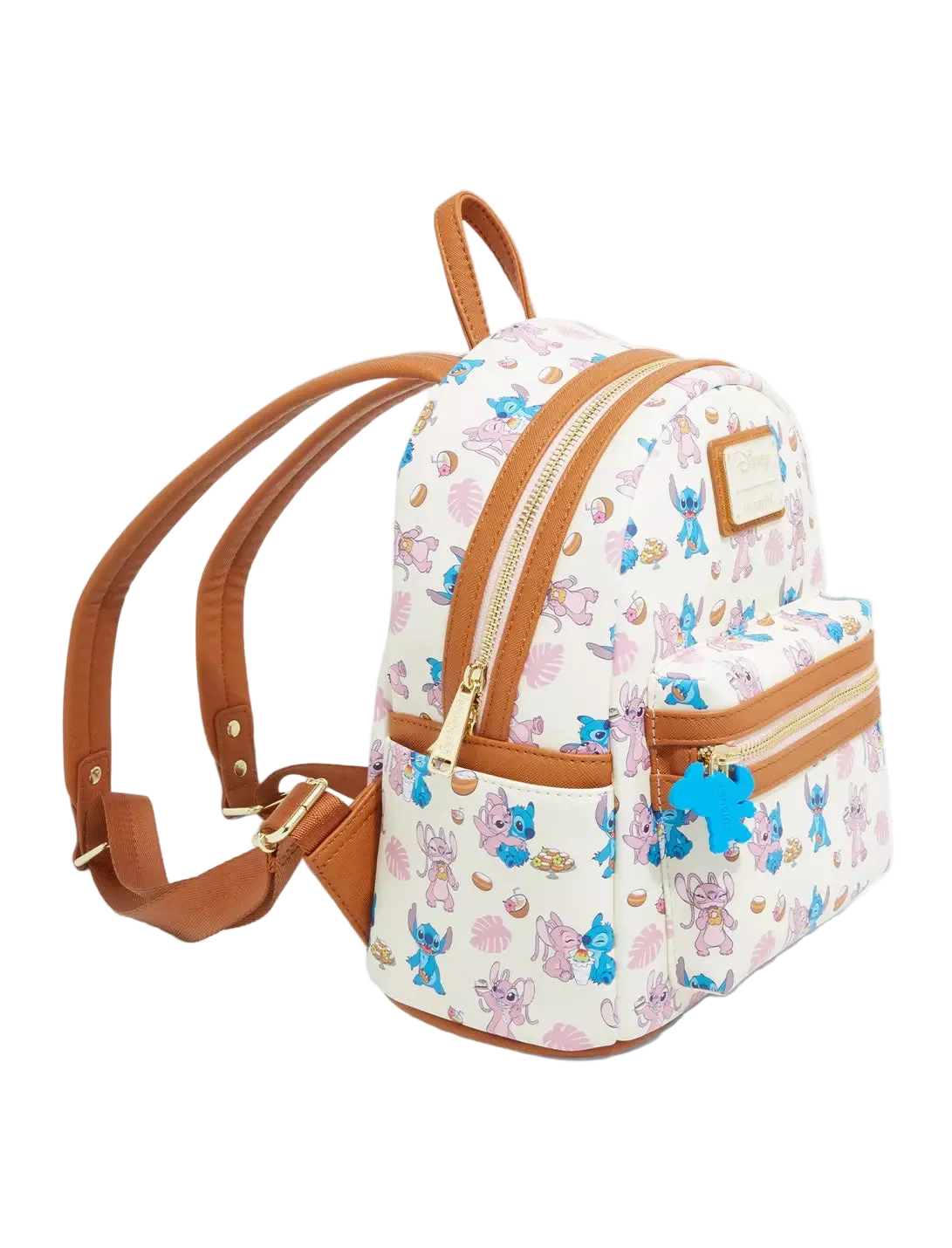 A small white backpack with a colorful cartoon character print, brown faux-leather trim, and gold-tone zippers, shown on a clean white background.