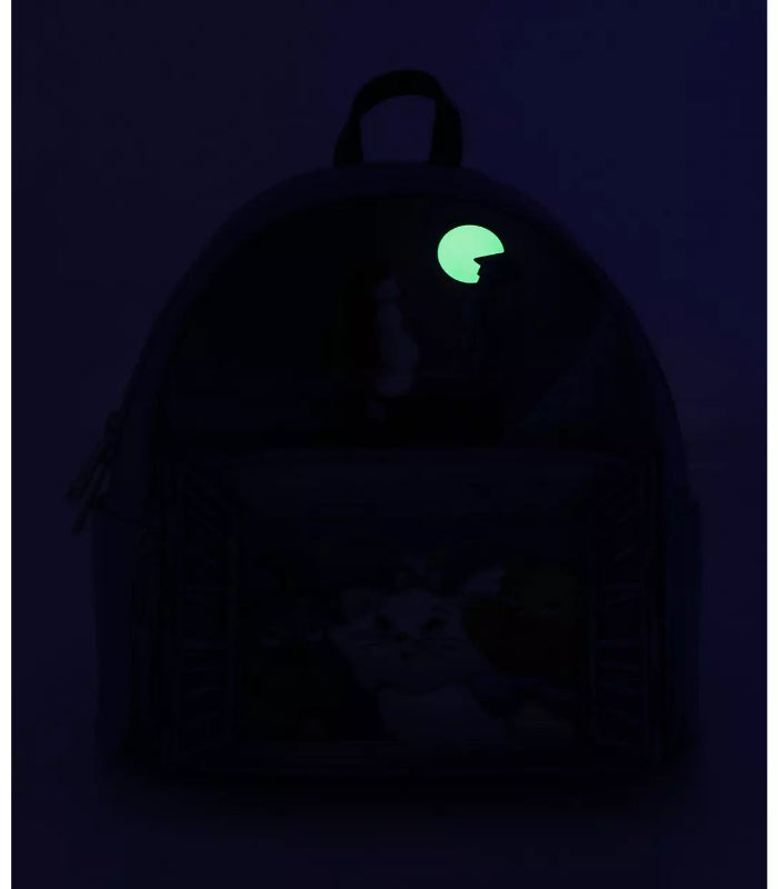 Backpack with a glowing green circle on a dark background