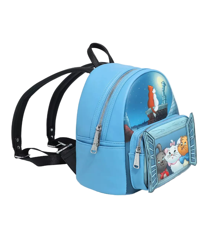 Blue backpack with cartoon characters on a white background