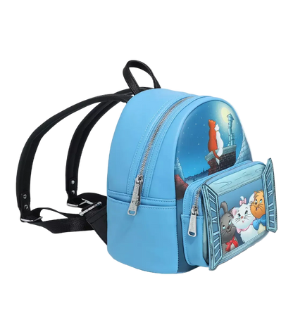 Blue backpack with cartoon characters on a white background